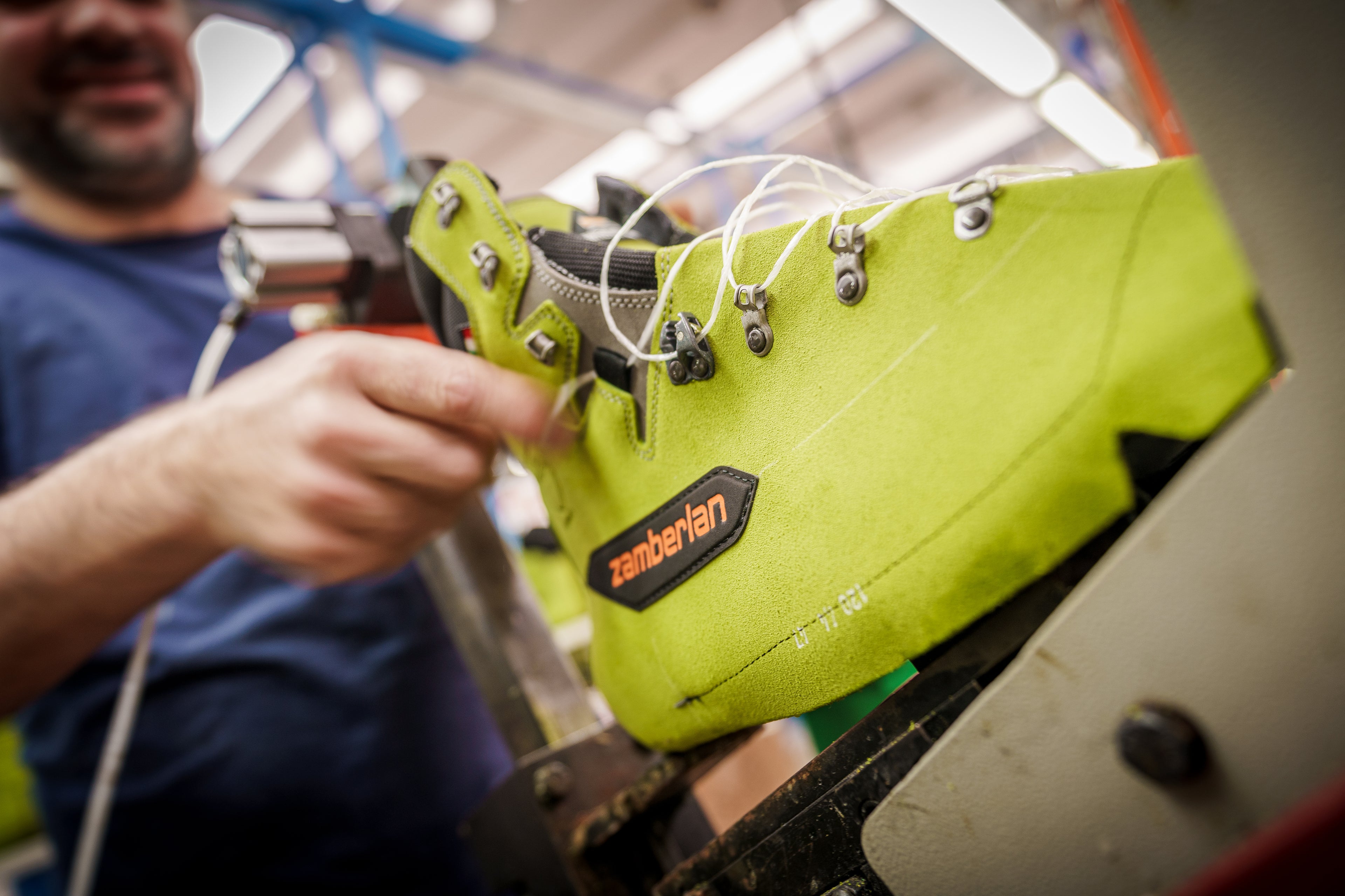 Zamberlan Logger Pro GTX RR S3 men's logging and lineman work boot being made in the factory. 